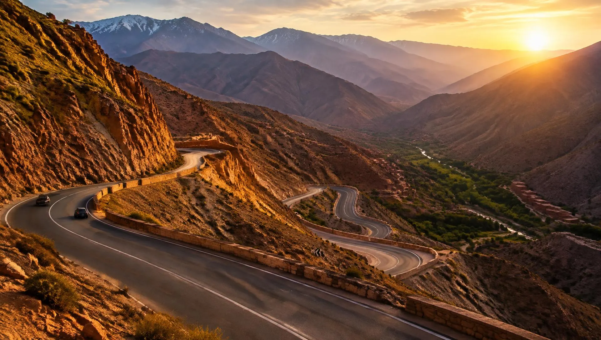 Winding mountain road through the Atlas Mountains at sunset