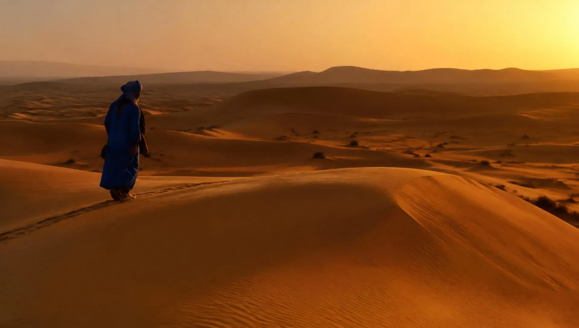 Local guide walking across Sahara dunes at golden hour