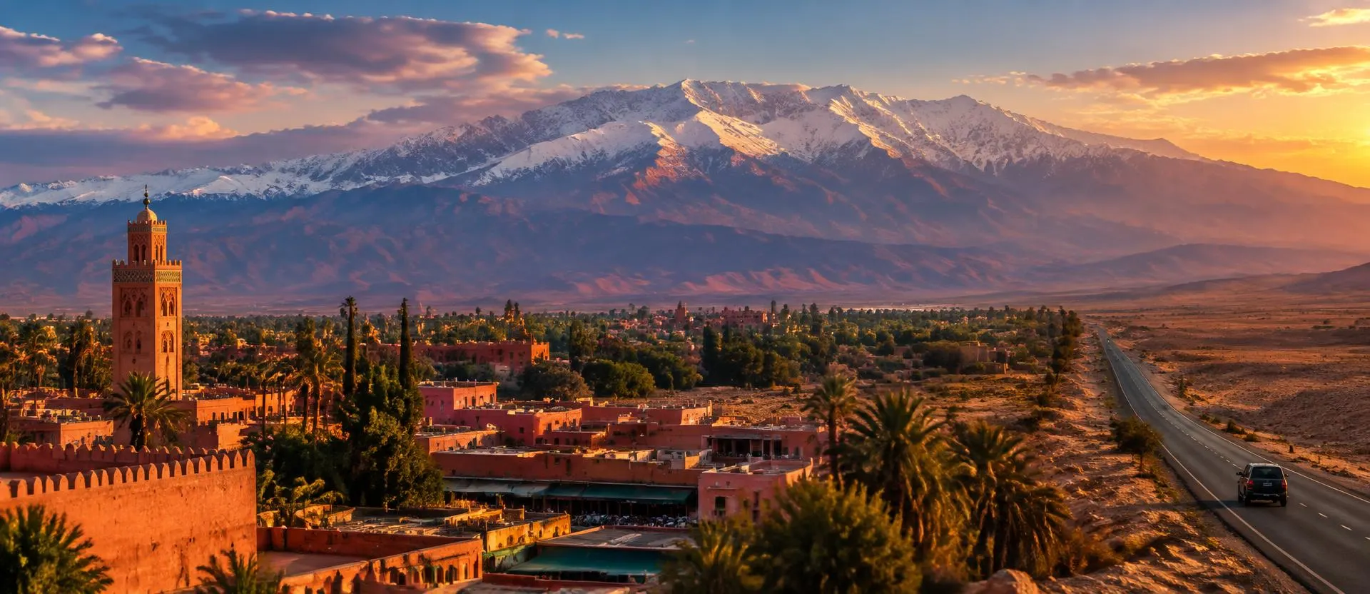 Panorama from Marrakech toward the snowy Atlas and the road south