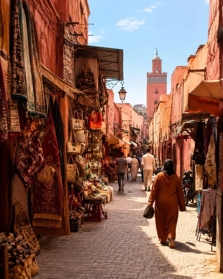 Marrakech medina alley with red walls and souk stalls